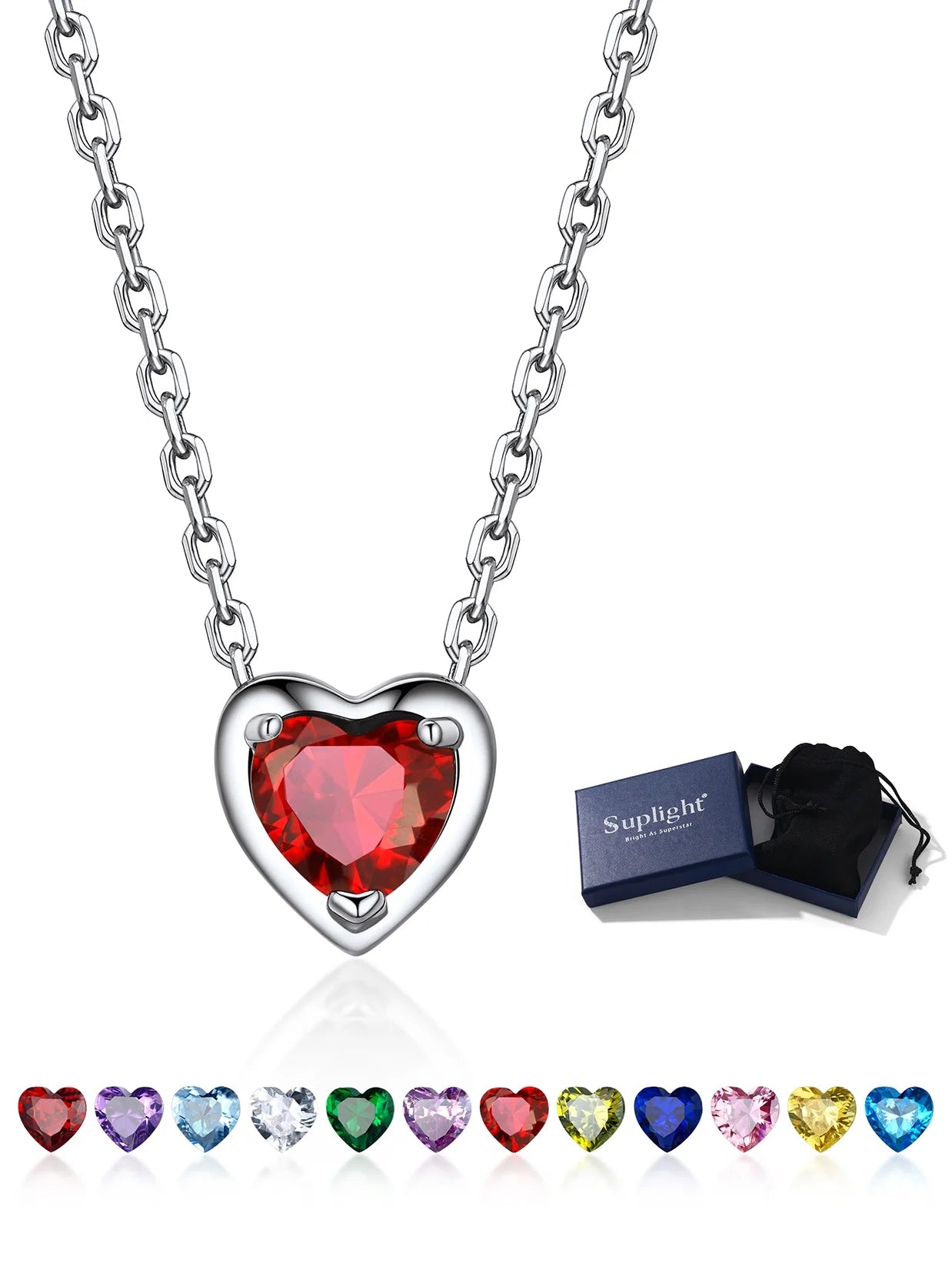 Women 925 Sterling Silver Birthstone Love Heart Necklace, Birthday Valentines Gift