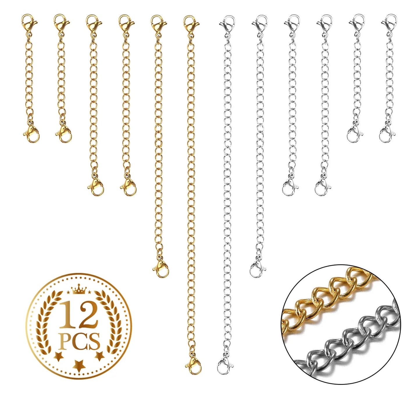 12Pcs Stainless Steel Bracelet Necklace Extender Set, Lobster Clasps Closures Bracelet Extenders