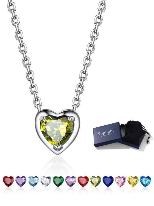 Women 925 Sterling Silver Birthstone Love Heart Necklace, Birthday Valentines Gift