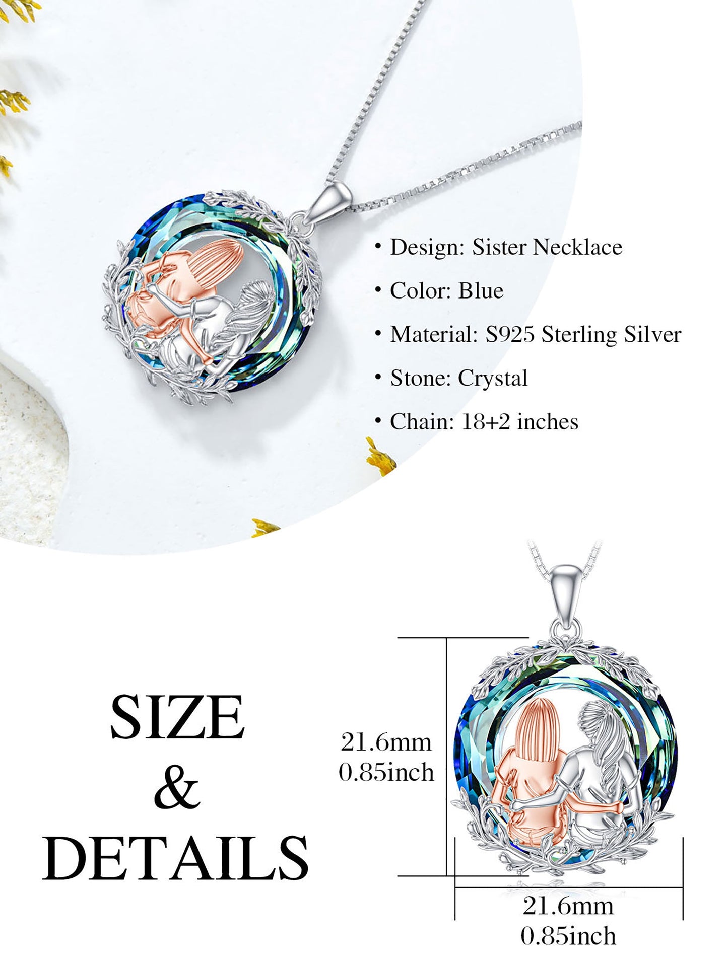 Birthday Gifts for Sister Sterling Silver Two Sister Sit and Hug Necklaces with Circle Blue Crystal Sister Birthday Anniversary Gifts for Women