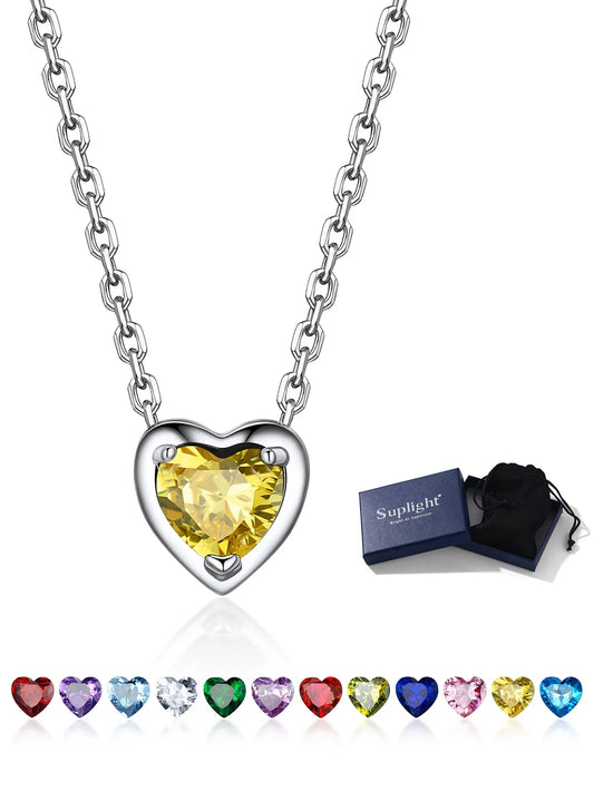 Women 925 Sterling Silver Birthstone Love Heart Necklace, Birthday Valentines Gift